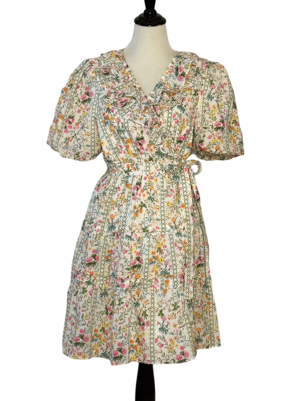 J.Marie Nora Ruffle Wrap Dress Large Floral Puff Sleeve Cotton NWT - Picture 16 of 16